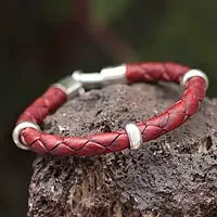 Men's braided leather bracelet, 'Bold Red'