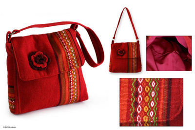Alpaca shoulder bag, 'Apple Blossom' - Women's Red Floral Alpaca Wool Shoulder Bag 