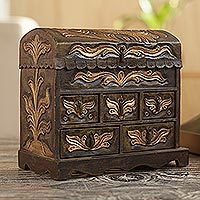 Wood and leather jewelry box, 'Antique Green' - Colonial Hand Tooled Leather Jewelry Box Chest