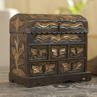 Wood and leather jewelry box, Antique Green