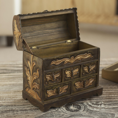 Wood and leather jewelry box, 'Antique Green' - Colonial Hand Tooled Leather Jewelry Box Chest