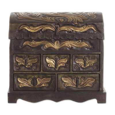 Wood and leather jewelry box, 'Antique Green' - Colonial Hand Tooled Leather Jewelry Box Chest