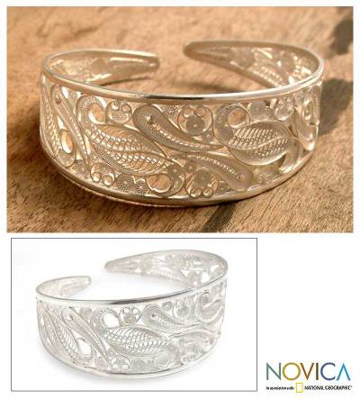 Silver filigree cuff bracelet, 'Floral Breeze' - Hand Made Floral Fine Silver Filigree Bracelet