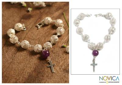 Amethyst filigree bracelet, 'My Prayer' - Sterling Silver and Amethyst Filigree Bracelet