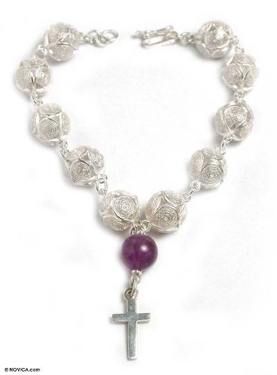 Amethyst filigree bracelet, 'My Prayer' - Sterling Silver and Amethyst Filigree Bracelet