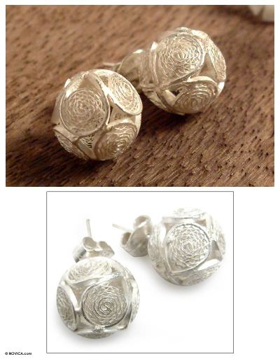 Silver filigree button earrings, 'Ball of Lace' - Handcrafted Sterling Silver Filigree Button Earrings