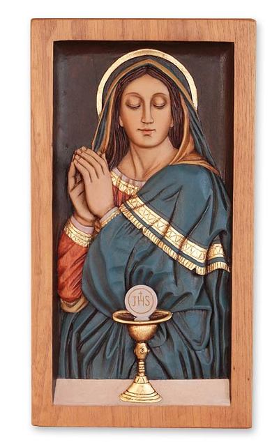 Cedar relief panel, 'Mary and the Eucharist' - Religious Carved Relief Wall Panel of Cedar and Bronze Leaf