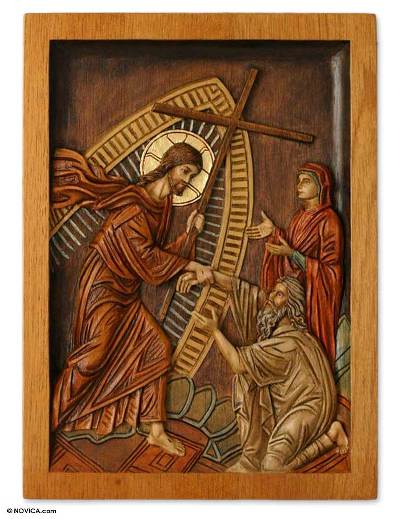 Cedar relief panel, 'The Risen Christ' - Hand Carved Cedar Religious Sculpture Relief Panel