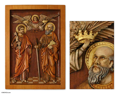 Cedar relief panel, 'Saint Peter and Saint Paul' - Fair Trade Religious Wood Relief Panel