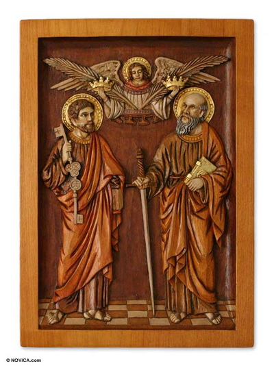 Cedar relief panel, 'Saint Peter and Saint Paul' - Fair Trade Religious Wood Relief Panel