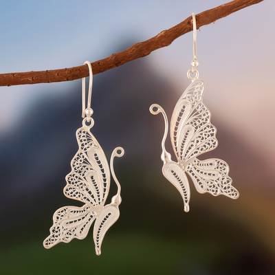 Silver filigree earrings, 'White Butterfly' - Unique Fine Silver Dangle Filigree Earrings