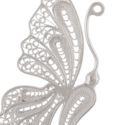 Silver filigree earrings, 'White Butterfly' - Unique Fine Silver Dangle Filigree Earrings