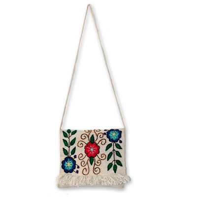 Wool flap shoulder bag, 'Snow Messenger' - Hand Embroidered Wool Shoulder Bag