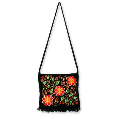 Wool flap shoulder bag, 'Spring Night' - Fair Trade Embroidered Wool Handbag
