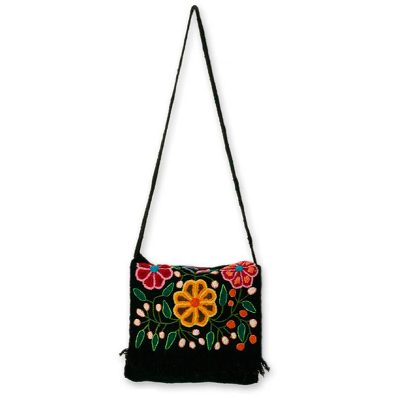 Wool flap shoulder bag, 'Tarma Muse' - Floral Embroidered Wool Shoulder Bag
