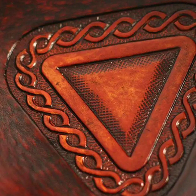 Leather catchall, 'Pyramid Chains' - Triangular Hand Tooled Leather Catch All from Peru