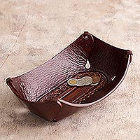 Leather catchall, 'Lasso Labyrinth' - Peruvian Dark brown Hand Tooled Leather Catchall