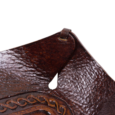 Leather catchall, 'Lasso Labyrinth' - Peruvian Dark brown Hand Tooled Leather Catchall