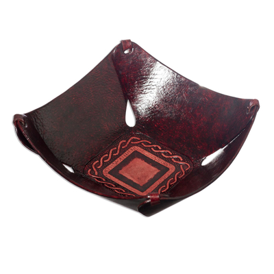 Leather catchall, 'Lasso Window' - Squared Brown Hand Tooled Peruvian Leather Catchall 