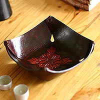 Leather catchall, 'Sunflower Magic' - Leather Catchall in Brown Leather with a Floral Motif