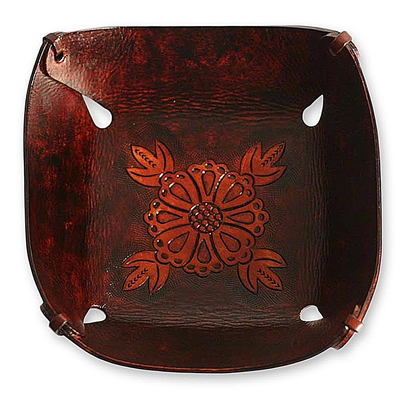 Leather catchall, 'Sunflower Magic' - Leather Catchall in Brown Leather with a Floral Motif