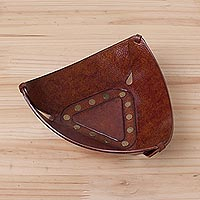 Leather catchall, 'Triangular Essence' - Spare Change Tooled Leather Triangle Catchall from Peru