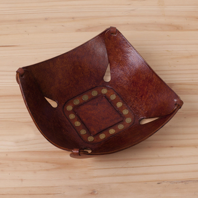 Leather catchall, 'Square Essence' - Brown Leather Catchall with Iron Studs Crafted in Peru