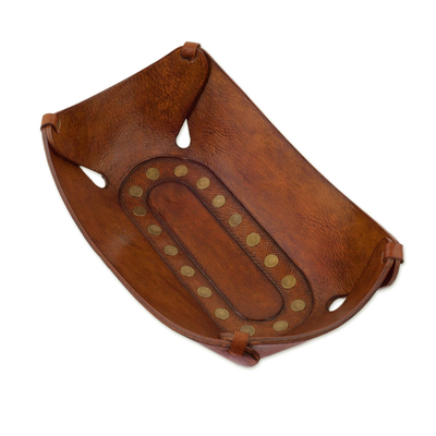 Leather catchall, 'Rectangular Essence' - Hand Tooled Brown Leather centrepiece with Decorative Iron S