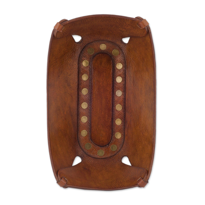 Leather catchall, 'Rectangular Essence' - Andean Hand Tooled Brown Leather Decorative Catchall