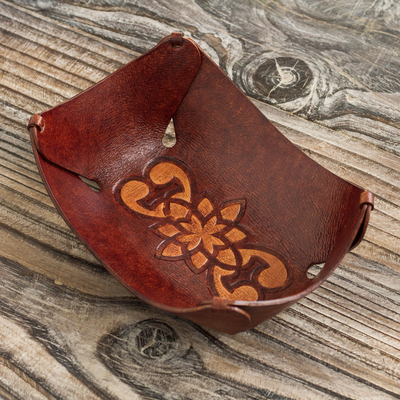 Cajón de cuero - Catchall de cuero floral andino artesanal de comercio justo