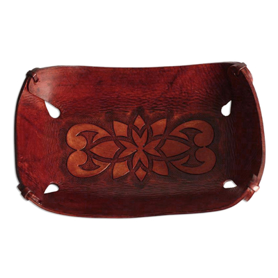 Cajón de cuero - Catchall de cuero floral andino artesanal de comercio justo
