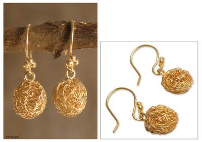 Gold plated dangle earrings, 'Cocoons' - 21K Gold Plated Dangle Earrings from Peru