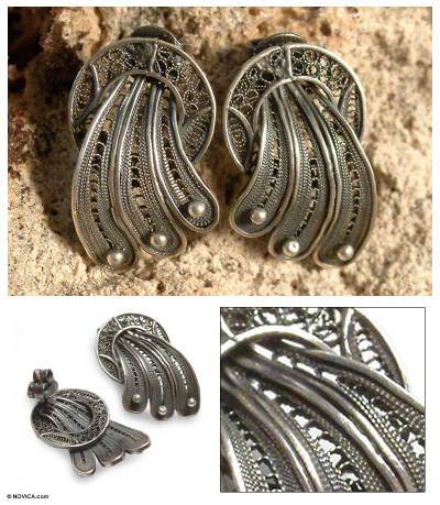 Silver filigree earrings, 'Antique Celebration' - Artisan Crafted Sterling Silver Button Earrings