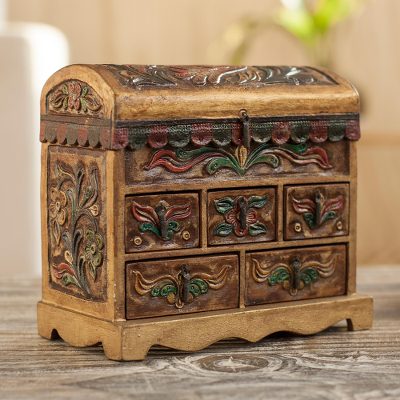 Leather jewelry box, 'Antique Tan' - Collectible Leather and Wood Jewelry Box