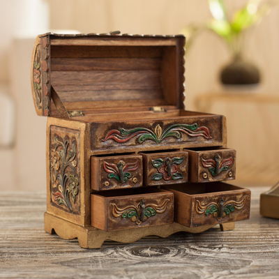 Leather jewelry box, 'Antique Tan' - Collectible Leather and Wood Jewelry Box
