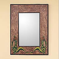 Leather mirror, 'Inca Corn' - Leather mirror