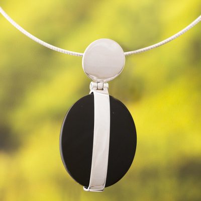 Obsidian pendant necklace, 'Sacred Stone' - Women's Modern Sterling Silver Pendant Obsidian Necklace