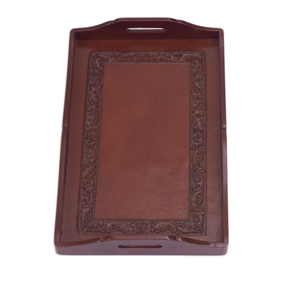 Wood and leather tray, 'Renaissance' - Handcrafted Wood and Leather Tray Serveware