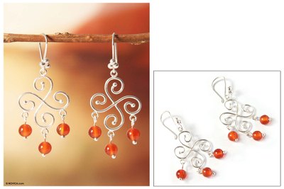 Carnelian chandelier earrings, 'Pinwheel' - 925 Sterling Silver And Carnelian Bead Chandelier Earrings