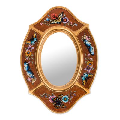 Mirror, 'Autumn Butterfly' - Unique Reverse Painted Glass Wall Mirror