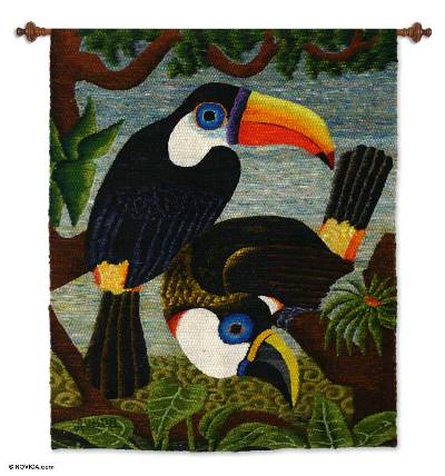 Wool tapestry, 'Amazon Toucans' - Wool tapestry