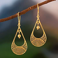 Gold plated filigree dangle earrings, 'Teardrop'