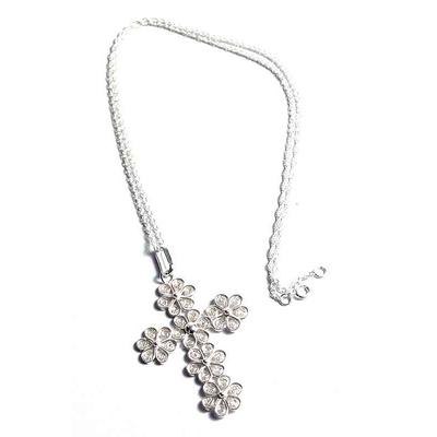 Sterling silver cross necklace, 'Filigree Flowers' - Artisan Crafted Fine Silver Filigree Cross Necklace