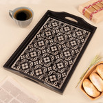 Reverse painted glass tray, 'Floral Muse' (17 inch) - Handmade Black Reverse Painted Glass Serving Tray