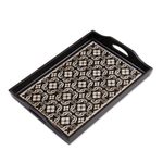 Reverse painted glass tray, 'Floral Muse' (17 inch) - Handmade Black Reverse Painted Glass Serving Tray