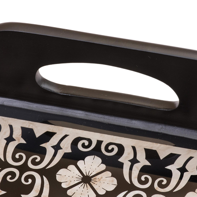 Reverse painted glass tray, 'Floral Muse' (17 inch) - Handmade Black Reverse Painted Glass Serving Tray