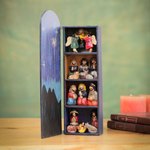 Wood retablo, 'Blue Nativity' - Handmade Wood Retablo Diorama Peruvian Folk Art