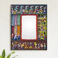 Mirror, 'Scenes from the Andes' - Folk Art Wood Mirror with Folk Art Scenes