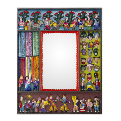 Mirror, 'Scenes from the Andes' - Folk Art Wood Mirror with Folk Art Scenes