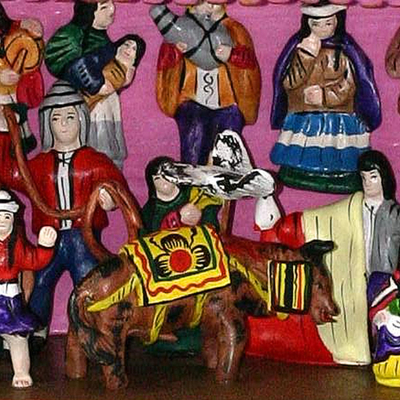 Wood retablo, 'Andean Bullfight' - Hand Crafted Andean Wood Bullfight Retablo